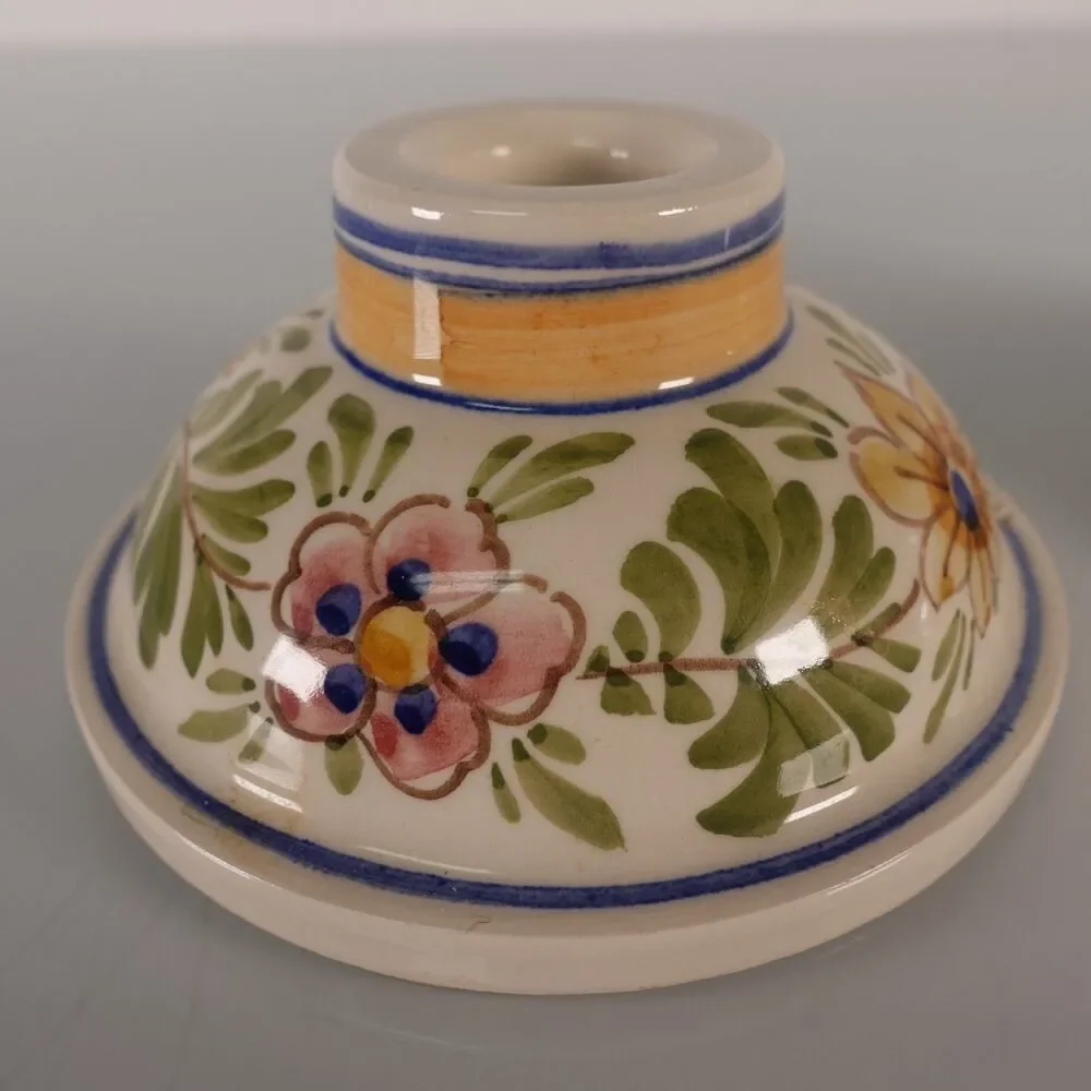Pair of Hand Painted Delft Ceramic Taper Candlestick Holders Floral Design READ